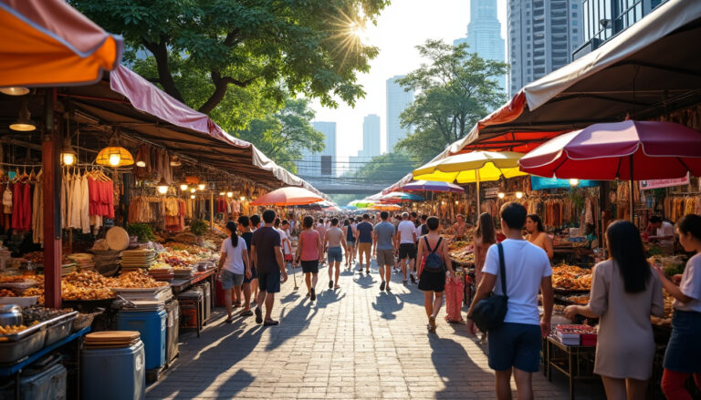 explorez le marché de jatujak à bangkok, un paradis du shopping le week-end offrant une variété incroyable de produits locaux, d'artisanat authentique et de délicieuses spécialités thaïlandaises.